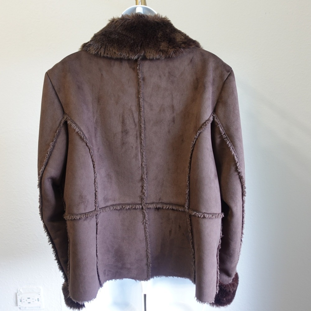 Vintage Chocolate Brown Faux Suede Fur Trimmed Jacket Toggle 70s Boho Womens Lg - Picture 3 of 10